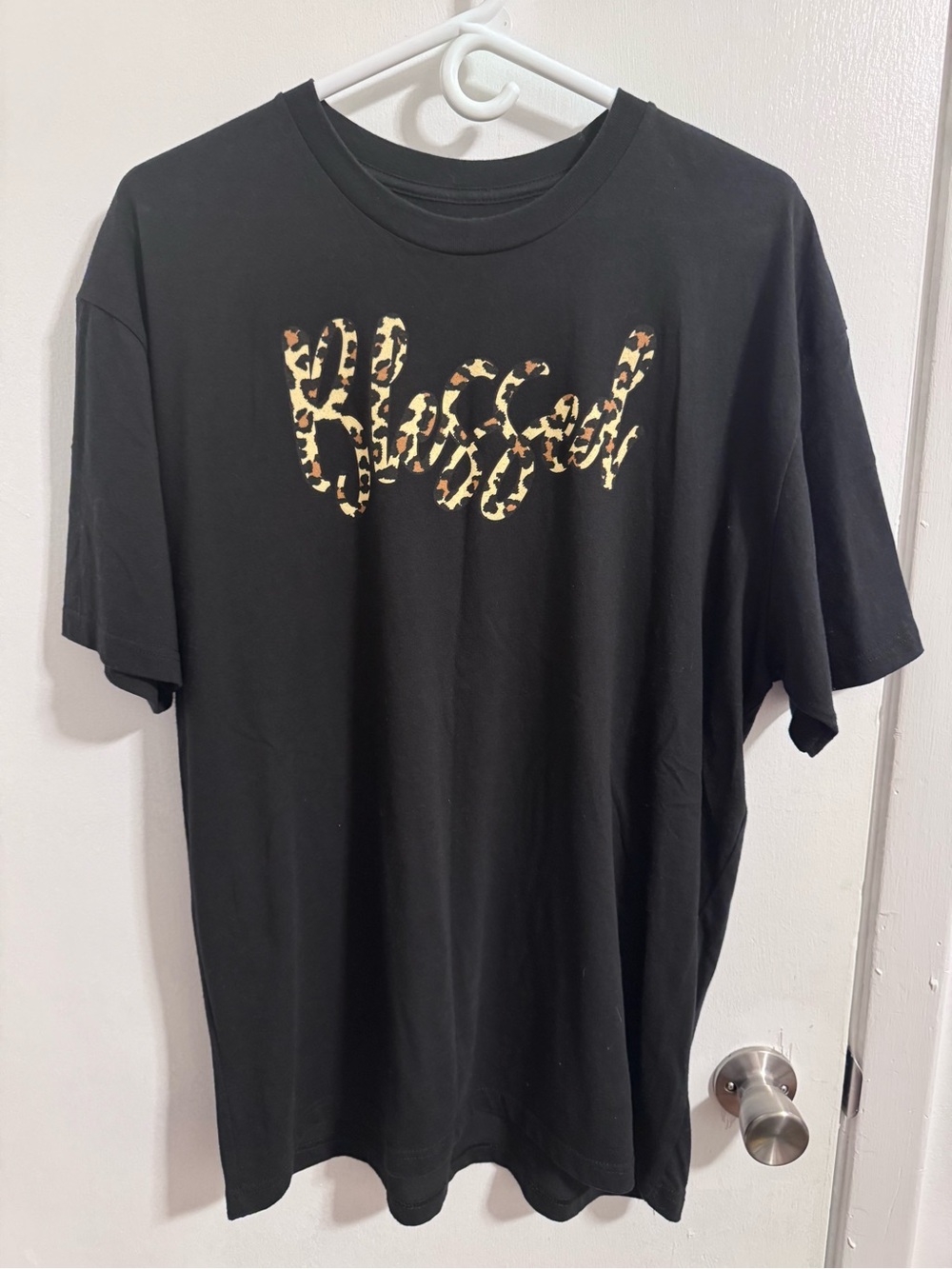 New without Tags Black Tee with Leopard "Blessed" Script